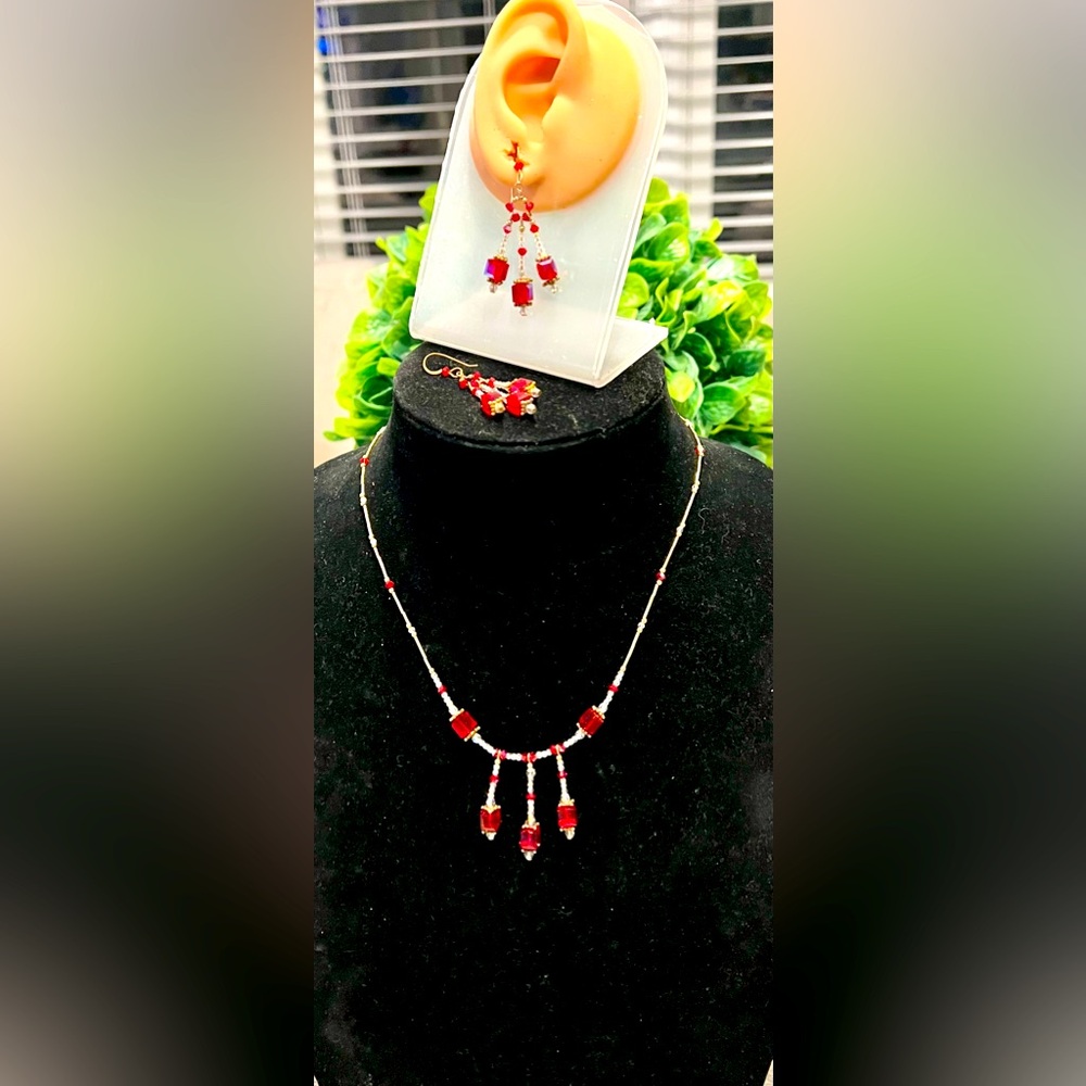RED AB AND BEADED NECKLACE AND HOOK EARRINGS SET-ONE OF A KIND